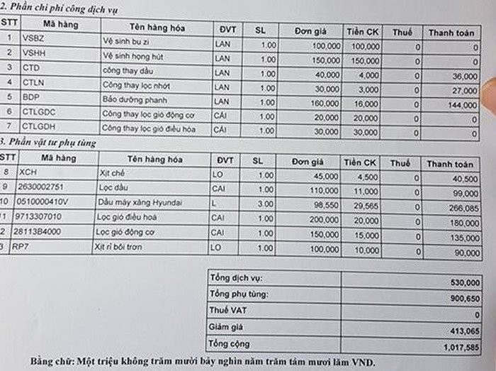 Hóa đơn tham khảo giá tiền cho một lần bảo dưỡng của một chiếc xe thương hiệu Hyundai...