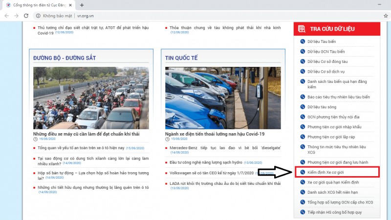 Truy cập website Cục Đăng kiểm để tra cứu thông tin đăng kiểm xe ô tô.