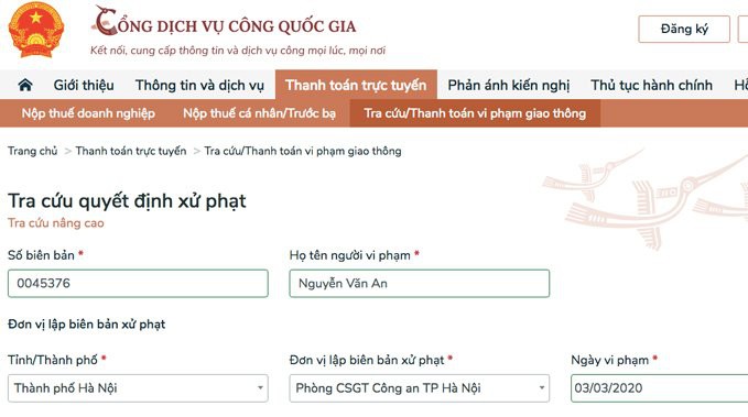 Nộp phạt qua cổng thông tin dịch vụ công quốc gia.