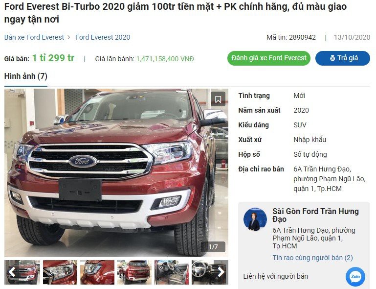 Ford Everest Titanium 2.0L AT 4WD giảm 100 triệu đồng tại đại lý 1