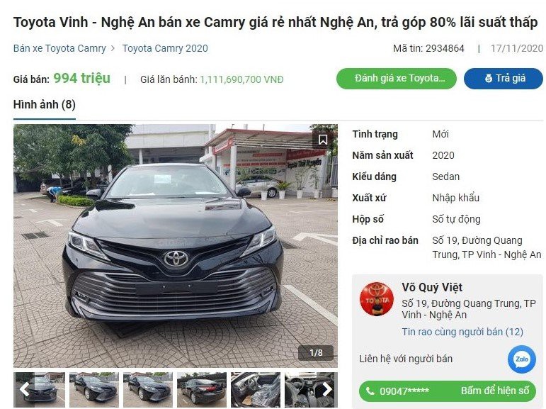 Toyota Camry 2020 giảm 35 triệu đồng tại đại lý a1