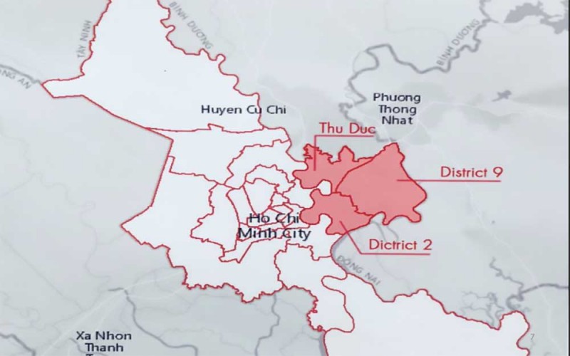 Bản đồ khu đô thị phía Đông thành phố Hồ Chí Minh với 21.000 héc-ta trên ba quận: quận 2, quận 9 và quận Thủ Đức (Tài liệu từ Sở Quy hoạch TP.HCM)
