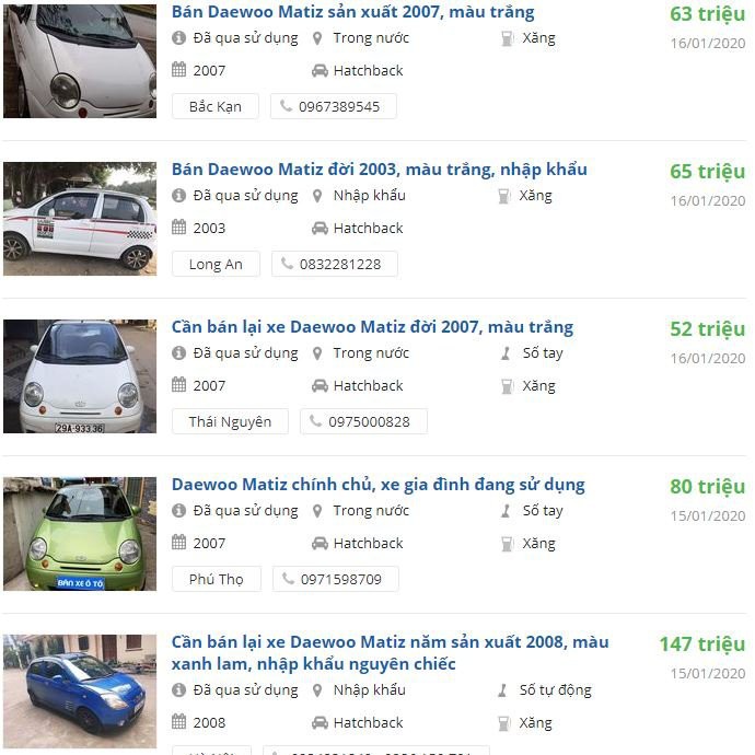 Giá xe Daewoo Matiz cũ trên thị trường hiện nay (Ảnh chụp màn hình: Oto.com.vn)