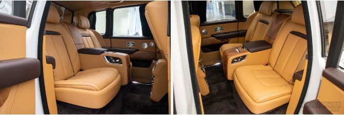  	  Ảnh 18  Ghế trên xe Rolls-Royce Cullinan được tích hợp tính năng chỉnh điện, nhớ 3 vị trí, sưởi ấm/làm mát và massage. Hàng ghế sau đầy đủ tiện ích ở vị trí dành cho ông chủ với ly rượu đôi, hộp lạnh, bàn làm việc, màn hình giải trí, điều khiển ghế bằng điện...