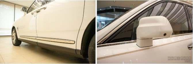 Ảnh 7  Đường kẻ coachline vàng kéo dài dọc thân xe Rolls-Royce Cullinan là một điểm đặc biệt của mẫu xe này. Gương chiếu hậu của xe sở hữu camera quan sát xunh quanh, các tính năng chỉnh/gập điện, sấy gương, nhớ vị trí...không thể thiếu trên Cullinan.