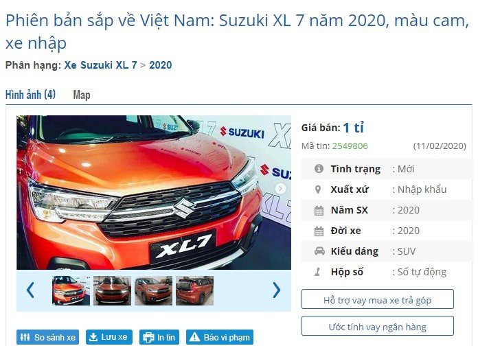 Suzuki XL7 2020 nhập khẩu được đại lý rao bán với giá 1 tỷ đồng? (Nguồn: Ảnh chụp tin rao Oto.com.vn)