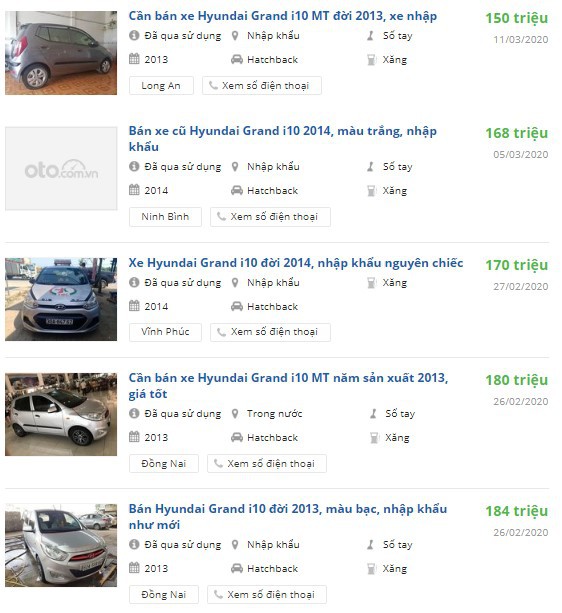 Rao bán xe Hyundai Grand i10 cũ đời 2013-2015. (Ảnh chụp màn hình Oto.com.vn)
