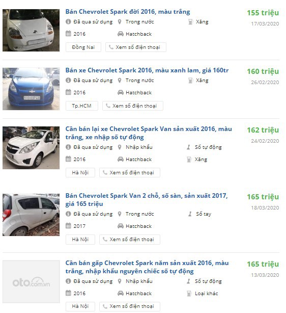 Rao bán xe Chevrolet Spark cũ đời 2016-2018. (Ảnh chụp màn hình Oto.com.vn)
