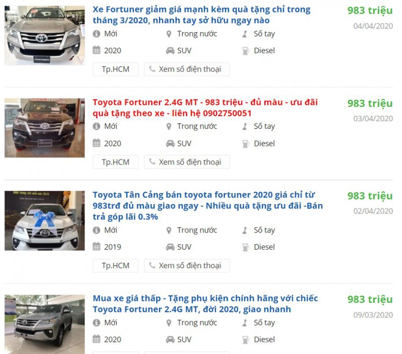 Toyota Fortuner bản máy dầu lắp ráp đang được giảm giá mạnh. (Ảnh: Tin rao trên Oto.com.vn)