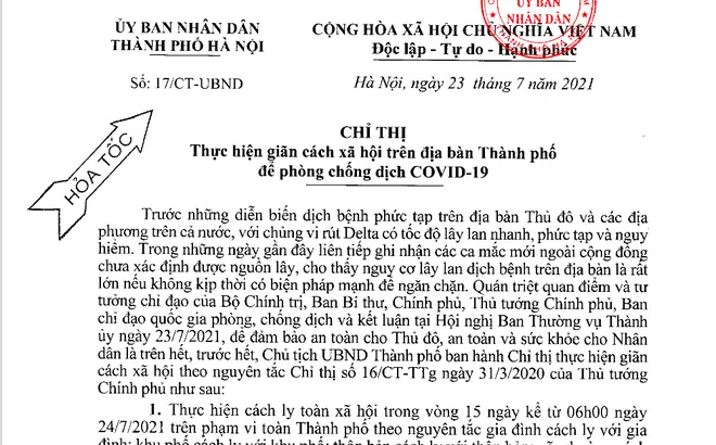 Hà Nội giãn cách xã hội theo Chỉ thị 16